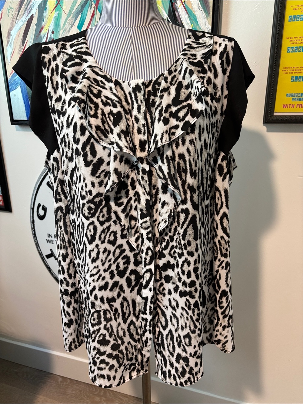 Worthington Black & White Leopard Print Ruffle Front Blouse